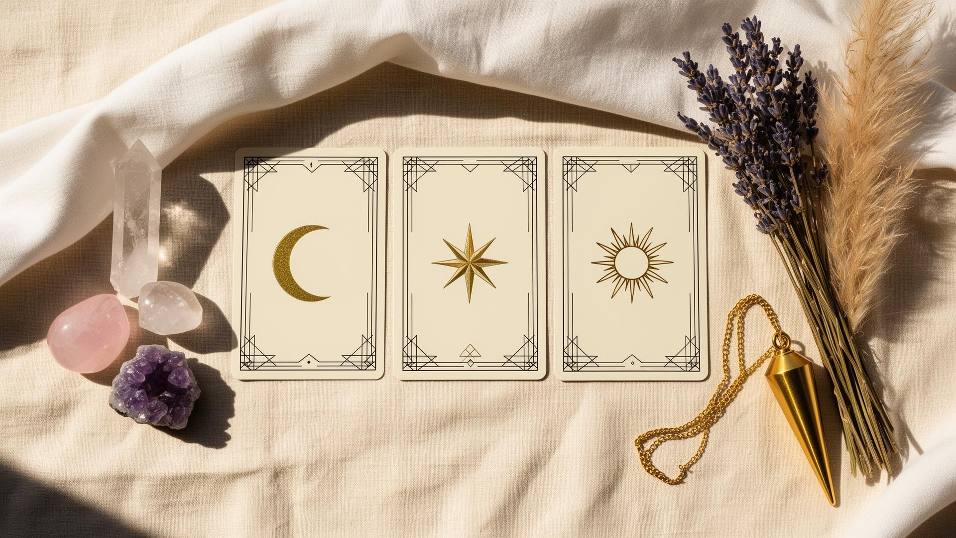 Três cartas de tarot dispostas sobre tecido cru