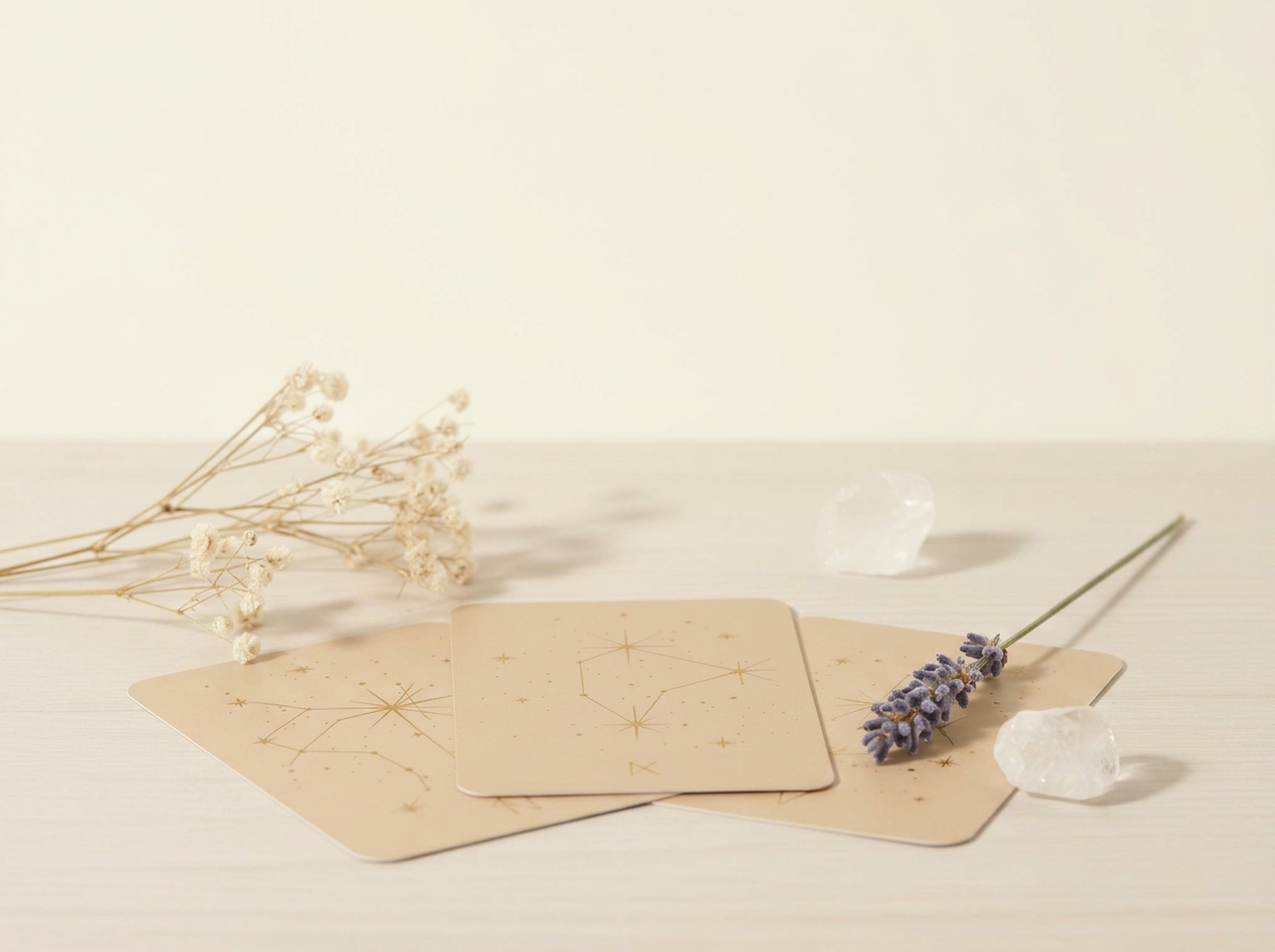 Mesa de atendimento com cartas astrológicas, flores secas e cristais claros